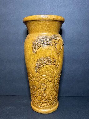 Vintage 1981 CAP Brown Faux Wood Oriental Geisha, Pavilion & Tree Scene Vase 8"